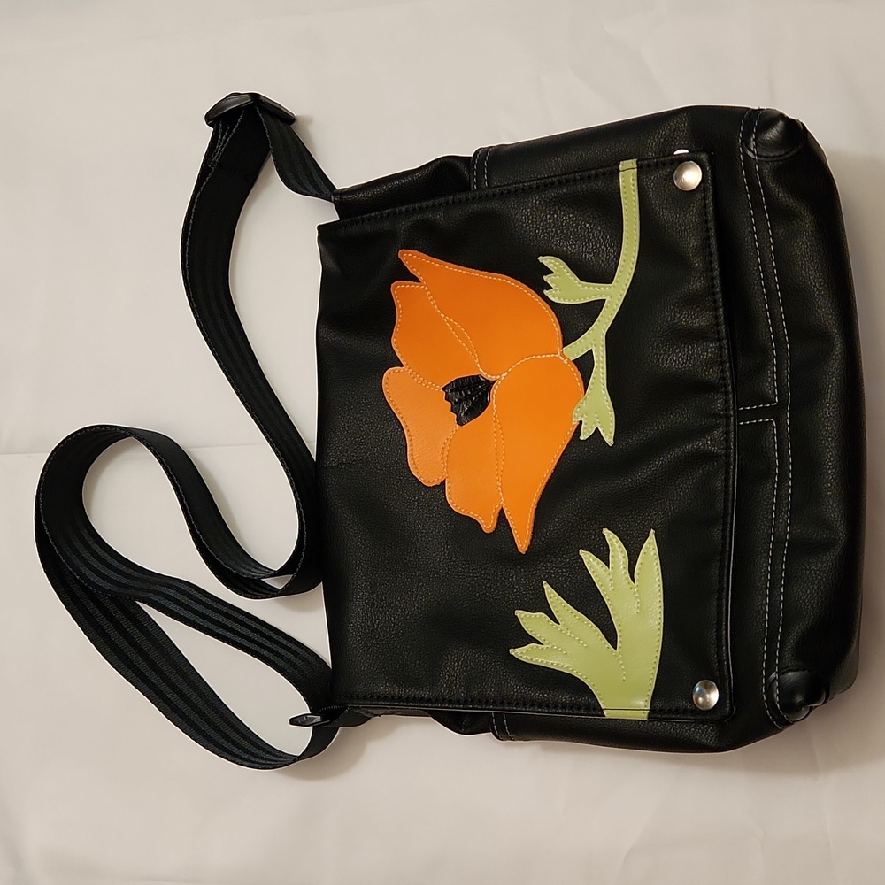 Super Cute Black Crossbody Bag with Orange Poppy Design